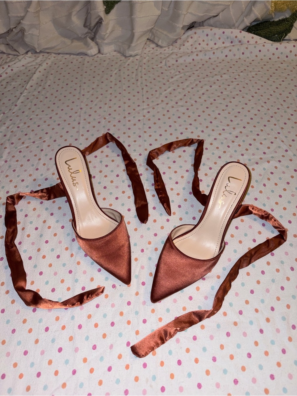 Lulus Satin Lace Up Pointed Toe Mule Heels Copper Bronze Women's Size 8.5